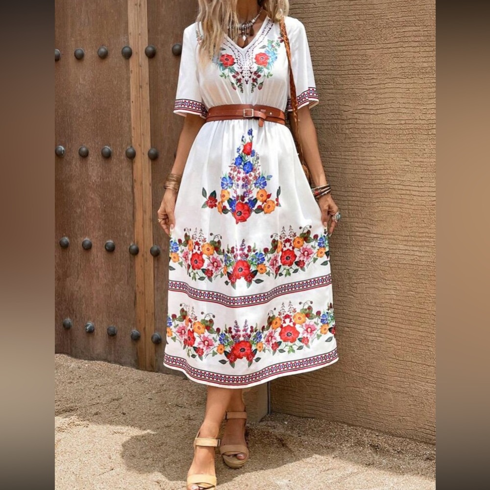 Boho floral print knot front midi dress